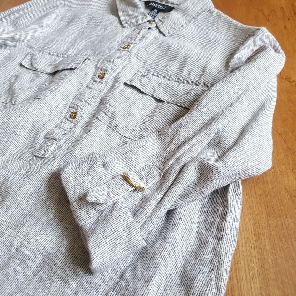 Ellen Tracy 100% Linen Popover Top Womens M Adjustable Sleeve Thin Striped